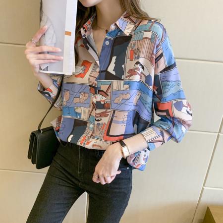 FA54290# 洋气休闲春季新款女装翻领卡通雪纺衫上衣开衫衬衫打底衫衬衣 服裝批發女裝批發服飾貨源