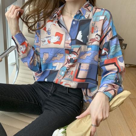 FA54290# 洋气休闲春季新款女装翻领卡通雪纺衫上衣开衫衬衫打底衫衬衣 服裝批發女裝批發服飾貨源