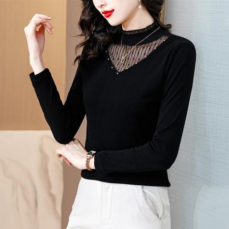 FA54293# 春季装网纱蕾丝打底衫手工钉珠女时尚洋气加绒内搭上衣 服裝批發女裝批發服飾貨源