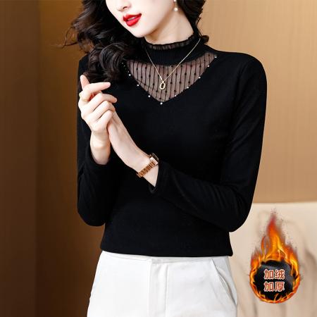 FA54293# 春季装网纱蕾丝打底衫手工钉珠女时尚洋气加绒内搭上衣 服裝批發女裝批發服飾貨源