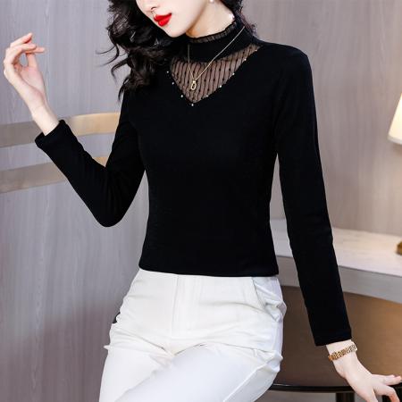 FA54293# 春季装网纱蕾丝打底衫手工钉珠女时尚洋气加绒内搭上衣 服裝批發女裝批發服飾貨源