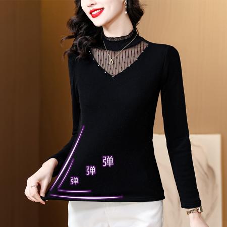 FA54293# 春季装网纱蕾丝打底衫手工钉珠女时尚洋气加绒内搭上衣 服裝批發女裝批發服飾貨源