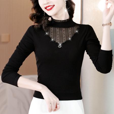 FA54295# 春季季新款网纱蕾丝打底衫女上衣时尚洋气加绒加厚内搭小衫 服裝批發女裝批發服飾貨源