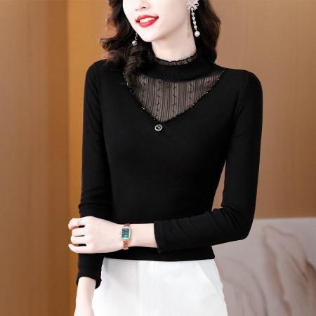 FA54295# 春季季新款网纱蕾丝打底衫女上衣时尚洋气加绒加厚内搭小衫 服裝批發女裝批發服飾貨源