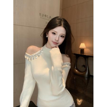 FA54298# 小众设计感春秋季新款重工水钻露肩针织衫女内搭打底衫 服裝批發女裝批發服飾貨源