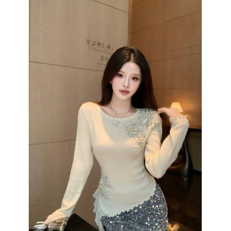 FA54299# 重工亮闪闪镶钻重工女法式上衣春秋季新款立体花朵不规则针织衫 服裝批發女裝批發服飾貨源