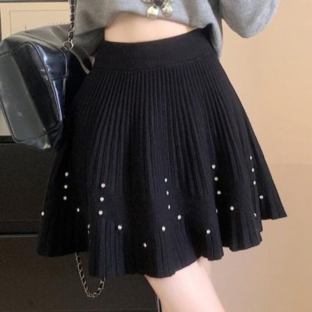 FA54301# 甜美烫钻针织百褶半身裙女春季遮胯显瘦A字裙小个子防走光短裙子 服裝批發女裝批發服飾貨源