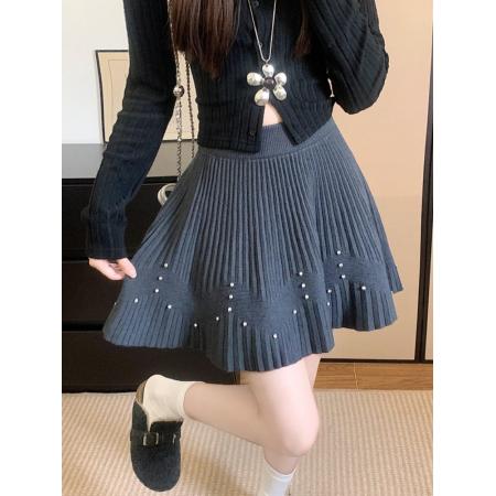 FA54301# 甜美烫钻针织百褶半身裙女春季遮胯显瘦A字裙小个子防走光短裙子 服裝批發女裝批發服飾貨源