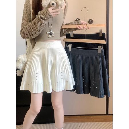 FA54301# 甜美烫钻针织百褶半身裙女春季遮胯显瘦A字裙小个子防走光短裙子 服裝批發女裝批發服飾貨源