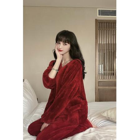 FA54305# 红色珊瑚绒睡衣秋冬加厚保暖结婚喜庆可外穿家居服两件套 服裝批發女裝批發服飾貨源