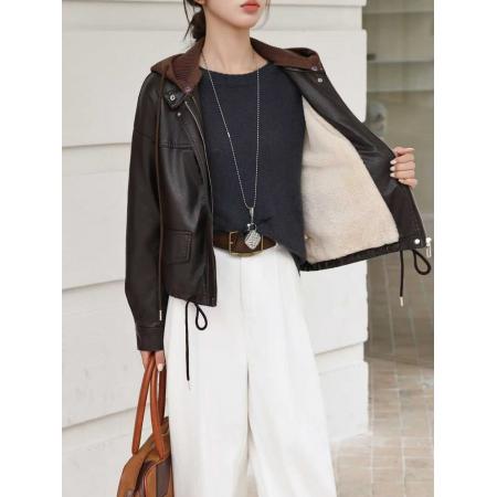 FA54306# 美拉德加绒加厚蛋白PU皮衣外套女酷飒可脱卸帽休闲复古机车皮夹克 服裝批發女裝批發服飾貨源