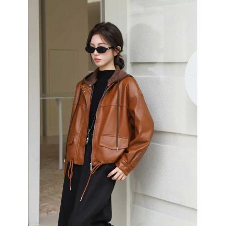 FA54306# 美拉德加绒加厚蛋白PU皮衣外套女酷飒可脱卸帽休闲复古机车皮夹克 服裝批發女裝批發服飾貨源