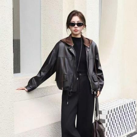 FA54306# 美拉德加绒加厚蛋白PU皮衣外套女酷飒可脱卸帽休闲复古机车皮夹克 服裝批發女裝批發服飾貨源