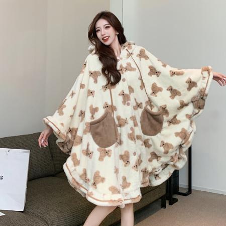 FA54307# 珊瑚绒睡衣女秋冬加绒加厚斗篷披风卡通可爱小熊睡袍套装 服裝批發女裝批發服飾貨源