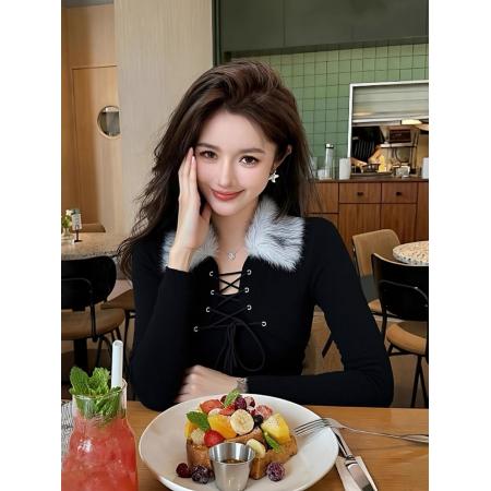 FA54308# 美式复古毛领绑带不规则修身辣妹打底衫女秋冬设计感穿搭显瘦上衣 服裝批發女裝批發服飾貨源