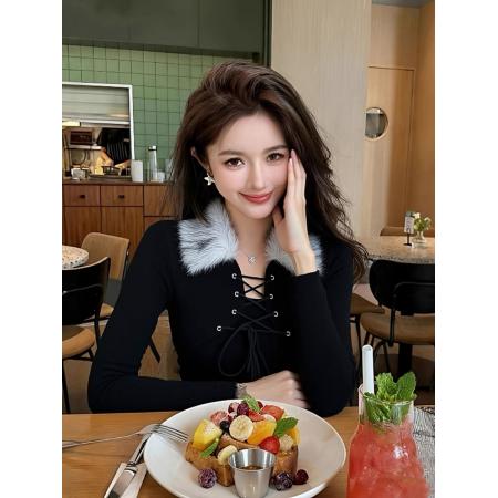 FA54308# 美式复古毛领绑带不规则修身辣妹打底衫女秋冬设计感穿搭显瘦上衣 服裝批發女裝批發服飾貨源