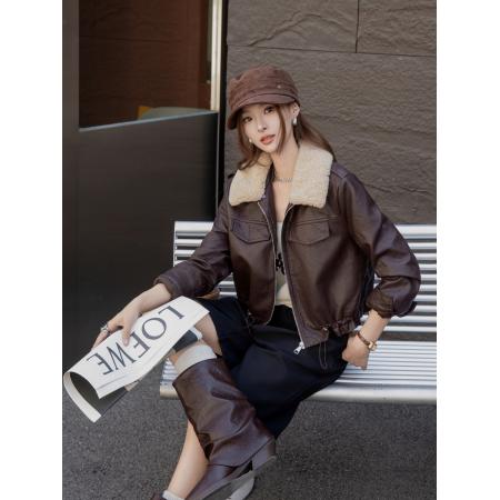 FA54309# 羊羔毛可拆卸毛领皮衣外套女加厚加绒酷飒风复古机车夹克 服裝批發女裝批發服飾貨源