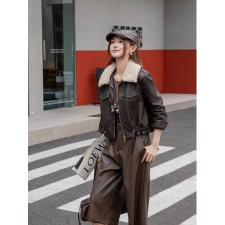 FA54309# 羊羔毛可拆卸毛领皮衣外套女加厚加绒酷飒风复古机车夹克 服裝批發女裝批發服飾貨源