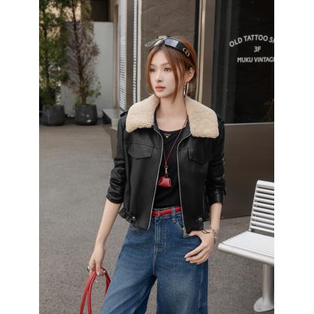 FA54309# 羊羔毛可拆卸毛领皮衣外套女加厚加绒酷飒风复古机车夹克 服裝批發女裝批發服飾貨源