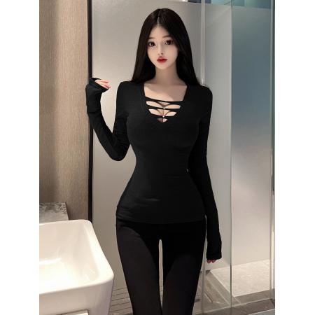 FA54312# 辣妹纯欲性感深V领镂空修身显瘦加绒长袖内搭打底衫上衣 服裝批發女裝批發服飾貨源