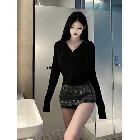 FA54314# 性感简约显瘦开衫拉链连帽短外套女时尚减龄高腰运动卫衣 服裝批發女裝批發服飾貨源