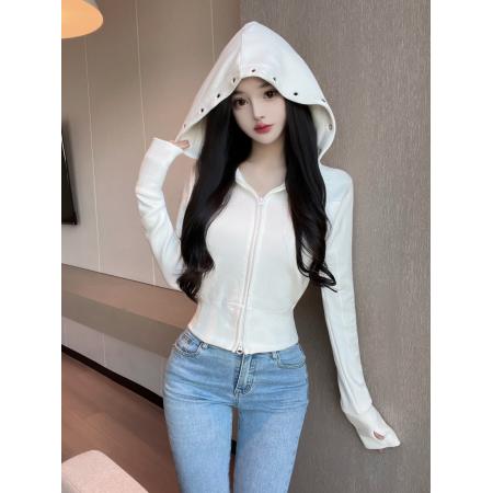 FA54314# 性感简约显瘦开衫拉链连帽短外套女时尚减龄高腰运动卫衣 服裝批發女裝批發服飾貨源