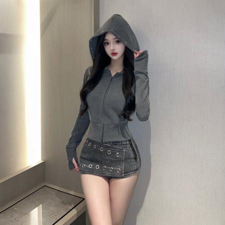 FA54314# 性感简约显瘦开衫拉链连帽短外套女时尚减龄高腰运动卫衣 服裝批發女裝批發服飾貨源