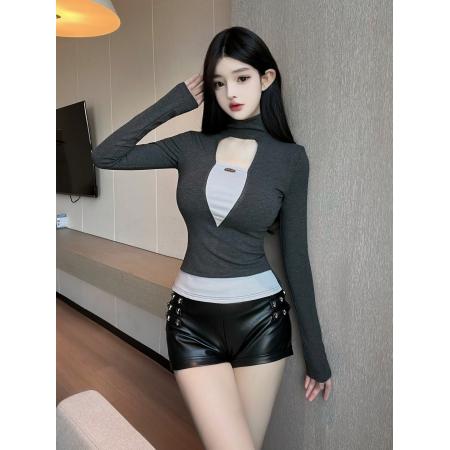 FA54315# 巨好看撞色假两件磨毛加绒高领打底衫女秋冬内搭正肩T恤 服裝批發女裝批發服飾貨源