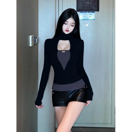 FA54315# 巨好看撞色假两件磨毛加绒高领打底衫女秋冬内搭正肩T恤 服裝批發女裝批發服飾貨源