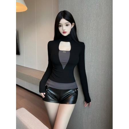 FA54315# 巨好看撞色假两件磨毛加绒高领打底衫女秋冬内搭正肩T恤 服裝批發女裝批發服飾貨源