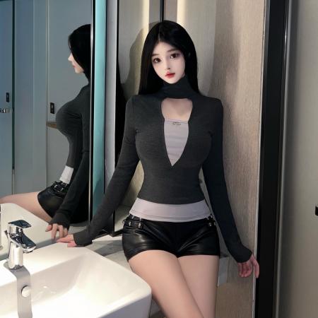 FA54315# 巨好看撞色假两件磨毛加绒高领打底衫女秋冬内搭正肩T恤 服裝批發女裝批發服飾貨源