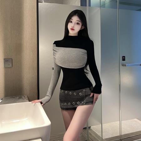 FA54316# 巨好看撞色拼接长袖T恤女秋冬加绒纯欲不规则内搭打底衫 服裝批發女裝批發服飾貨源