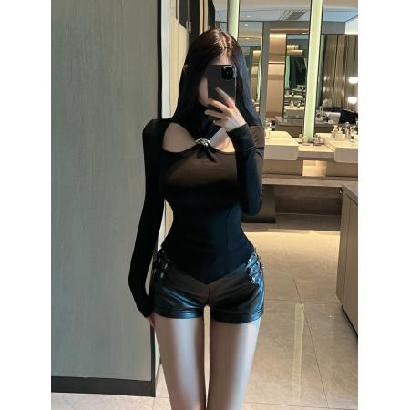 FA54317# 纯欲性感镂空高领磨毛针织打底衫女辣妹修身收腰内搭T恤 服裝批發女裝批發服飾貨源