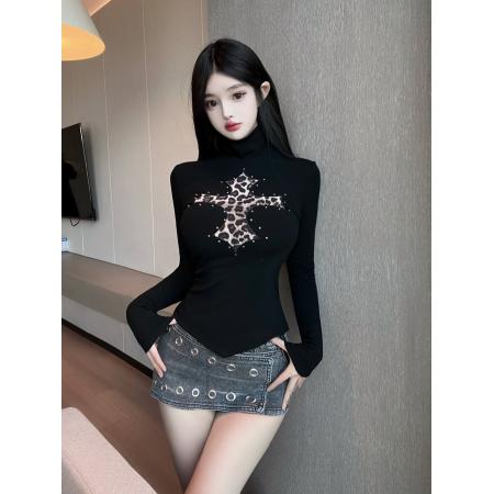 FA54318# 纯欲辣妹豹纹刺绣烫钻磨毛长袖T恤女性感修身显瘦打底衫 服裝批發女裝批發服飾貨源