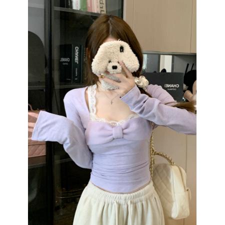 FA54320# 纯欲性感方领蕾丝边长袖T恤女辣妹修身内搭蝴蝶结打底衫 服裝批發女裝批發服飾貨源