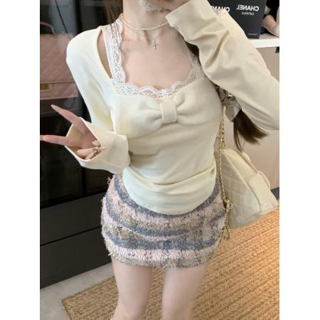 FA54320# 纯欲性感方领蕾丝边长袖T恤女辣妹修身内搭蝴蝶结打底衫 服裝批發女裝批發服飾貨源