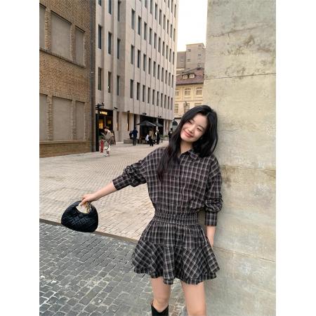 FA54321# 辣妹复古格子衬衣裙收腰连衣裙女设计感小众气质显瘦百搭A字短裙 服裝批發女裝批發服飾貨源