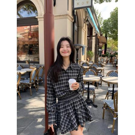 FA54321# 辣妹复古格子衬衣裙收腰连衣裙女设计感小众气质显瘦百搭A字短裙 服裝批發女裝批發服飾貨源
