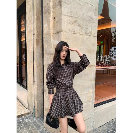 FA54321# 辣妹复古格子衬衣裙收腰连衣裙女设计感小众气质显瘦百搭A字短裙 服裝批發女裝批發服飾貨源