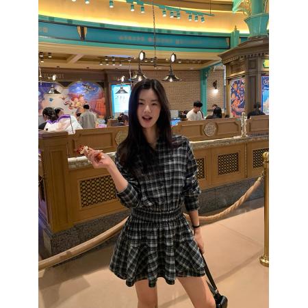 FA54321# 辣妹复古格子衬衣裙收腰连衣裙女设计感小众气质显瘦百搭A字短裙 服裝批發女裝批發服飾貨源