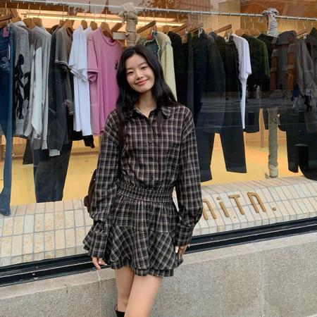 FA54321# 辣妹复古格子衬衣裙收腰连衣裙女设计感小众气质显瘦百搭A字短裙 服裝批發女裝批發服飾貨源