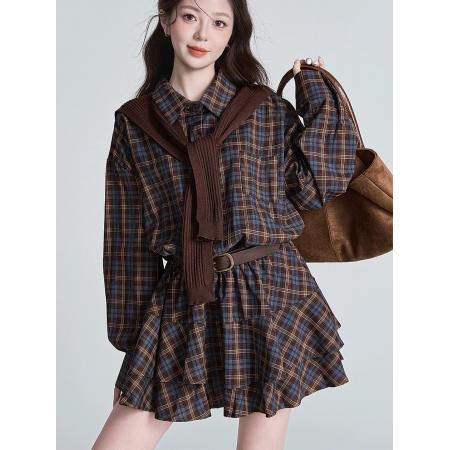 FA54322# 复古格子衬衫连衣裙针织披肩套装女巨好看收腰显瘦气质穿搭一整套 服裝批發女裝批發服飾貨源