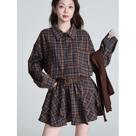 FA54322# 复古格子衬衫连衣裙针织披肩套装女巨好看收腰显瘦气质穿搭一整套 服裝批發女裝批發服飾貨源