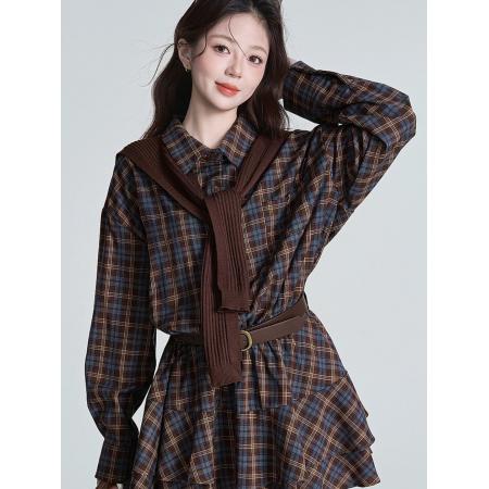 FA54322# 复古格子衬衫连衣裙针织披肩套装女巨好看收腰显瘦气质穿搭一整套 服裝批發女裝批發服飾貨源