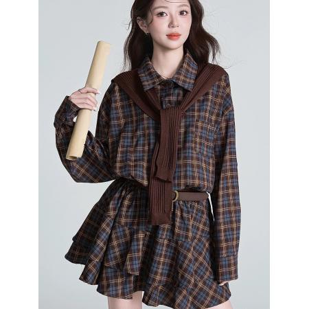 FA54322# 复古格子衬衫连衣裙针织披肩套装女巨好看收腰显瘦气质穿搭一整套 服裝批發女裝批發服飾貨源