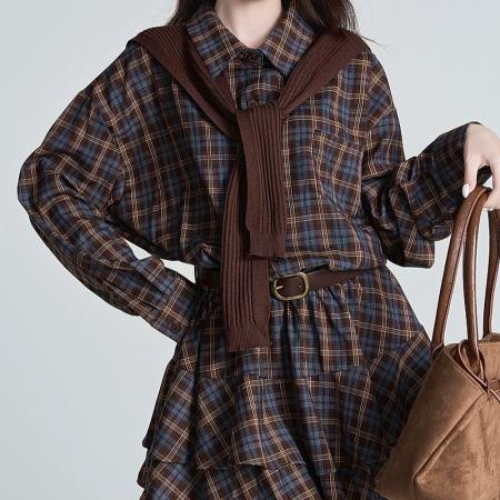 FA54322# 复古格子衬衫连衣裙针织披肩套装女巨好看收腰显瘦气质穿搭一整套 服裝批發女裝批發服飾貨源