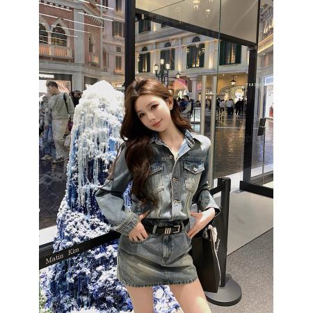 FA54323# 纯欲复古御姐风翻领牛仔连衣裙女辣妹新款长袖显瘦气质包臀短裙子 服裝批發女裝批發服飾貨源