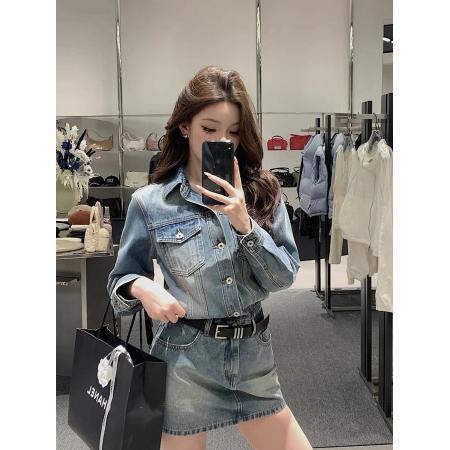 FA54323# 纯欲复古御姐风翻领牛仔连衣裙女辣妹新款长袖显瘦气质包臀短裙子 服裝批發女裝批發服飾貨源