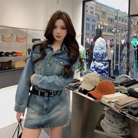 FA54323# 纯欲复古御姐风翻领牛仔连衣裙女辣妹新款长袖显瘦气质包臀短裙子 服裝批發女裝批發服飾貨源