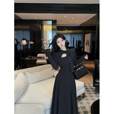 FA54324# 纯欲挂脖飘带长袖连衣裙女性感修身显瘦气质百搭高级长裙 服裝批發女裝批發服飾貨源